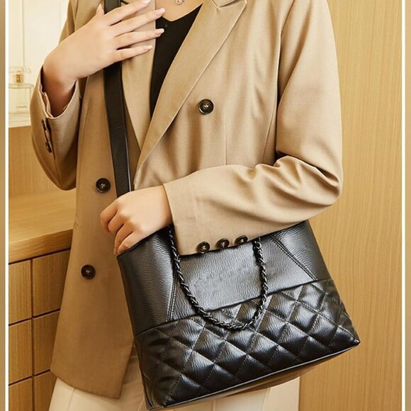 Women's Handbags Quilted Tote Bag for Women Handbags and Purses Black Purse Top - Picture 3 of 6